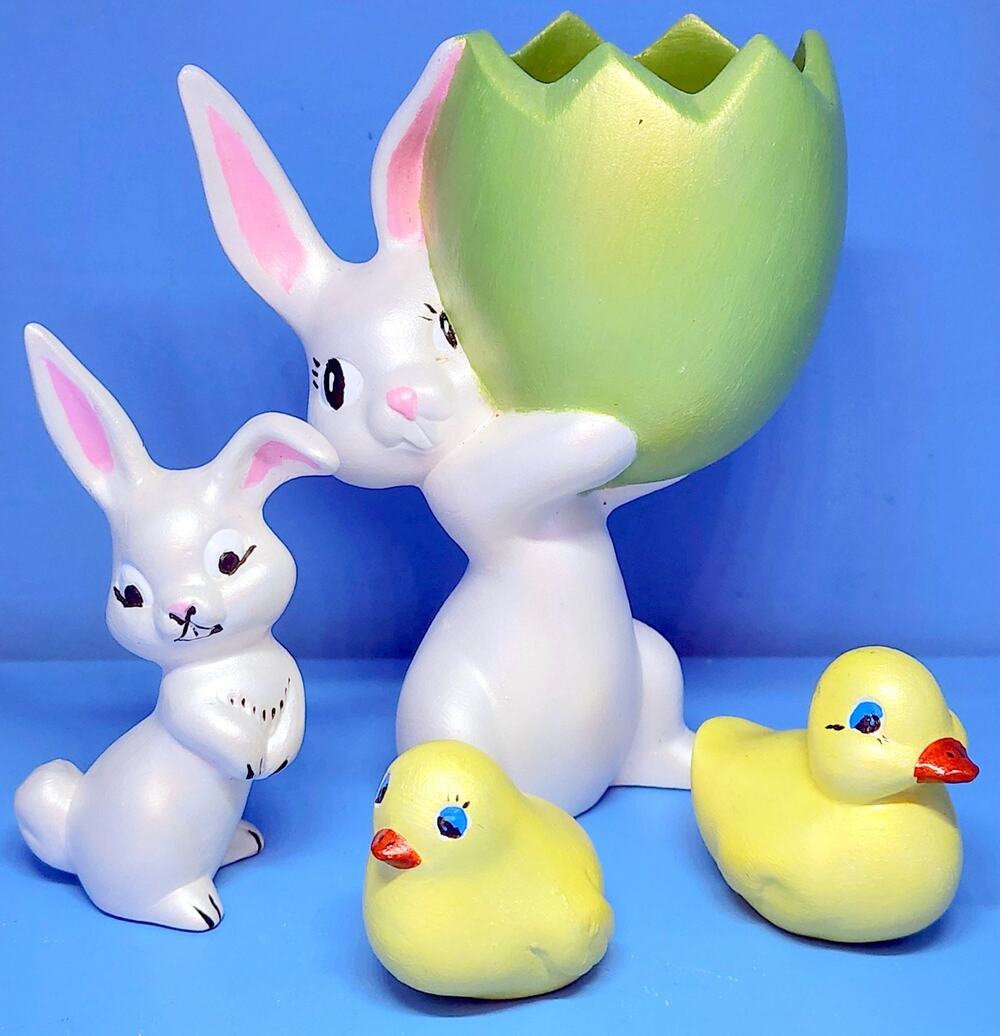 1970's Easter Lot Bunny Holding Egg Vase Planter Chicks & Rabbit Hand Painted